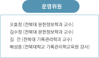 운영위원 오효정 (전북대 문헌정보학과 교수) 김수정 (전북대 문헌정보학과 교수) 김  건 (전북대 기록관리학과 교수) 배성중 (전북대학교 기록관리학교육원 강사)